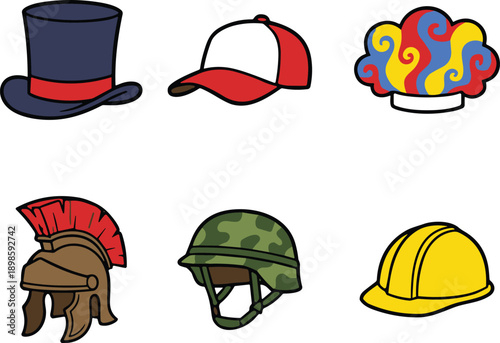 Collection of hats and helmets vector illustration, cartoon headwear icons set, construction military fantasy sports caps, flat design isolated background