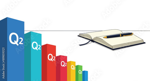 Q2 Quarterly Performance Decline Bar Graph with Notebook and Pen. Business Data Analysis, Financial Reporting, and Strategy Planning Illustration.