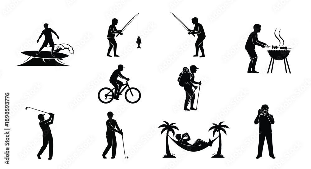 Obraz premium Black silhouettes of people enjoying leisure activities like golf fishing biking and grilling on a white background