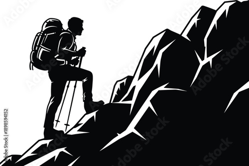Black and white vector silhouette of a male hiker with a backpack and trekking poles, climbing a steep rocky mountain slope, symbolizing adventure, aspiration, success, and outdoor challenge.