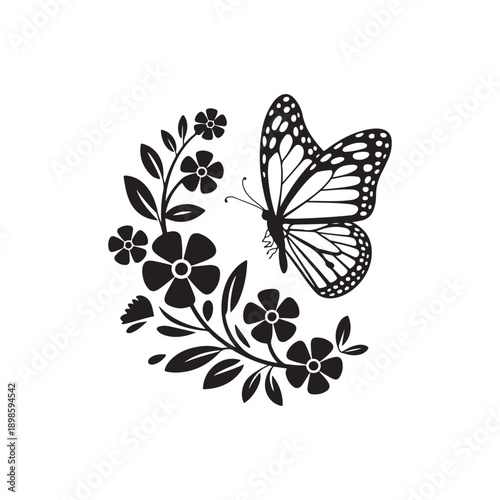 Butterfly vector illustration with flowers on white background