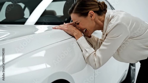 A young woman stands next to an elegant car, expressing joyful satisfaction, automotive success, new beginnings, and a festive purchase.