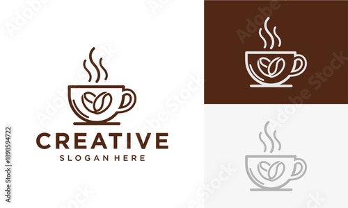 Steaming coffee cup logos with heart-shaped designs in various styles and templates for creative branding