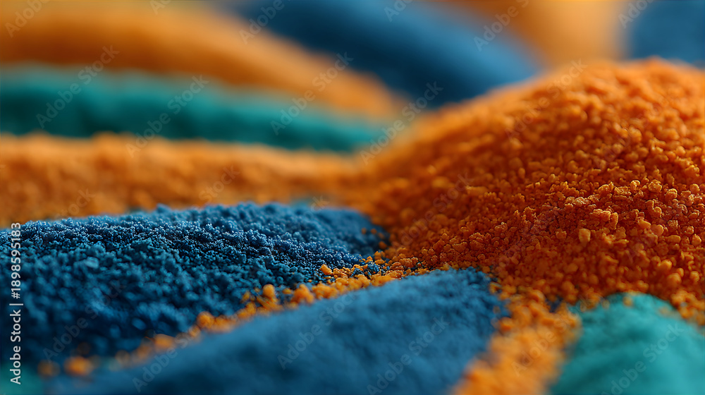 Fototapeta premium Colorful powders with different shades of blue and orange. Indian Gudi Padwa festival, spring celebration, new year custom.