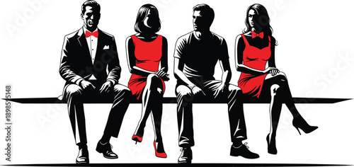 Stylish people sitting silhouettes vector illustration, elegant men and women in red and black outfits, modern fashion concept, social lifestyle design, isolated figures