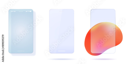 Glass morphism cell phone screen frame transparent ui interface element isolated on white background modern trendy vector illustration set, ux smartphone mockup blank empty text copy space
