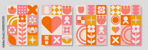 Set of modern geometric posters for 8 March women day with abstract shapes and floral icons in pink and orange. Flat vector wall art templates for celebration and marketing.