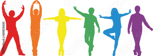 Colorful people silhouette dance yoga poses vector illustration, diverse human figures set, movement freedom concept, isolated on white background design