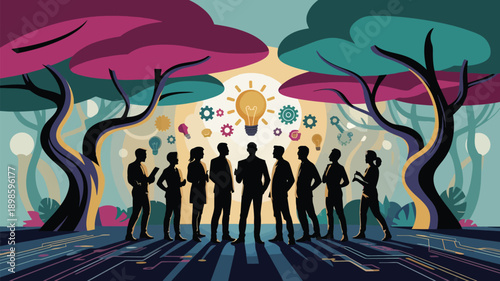 Diverse business team brainstorming in futuristic setting with lightbulb ideas