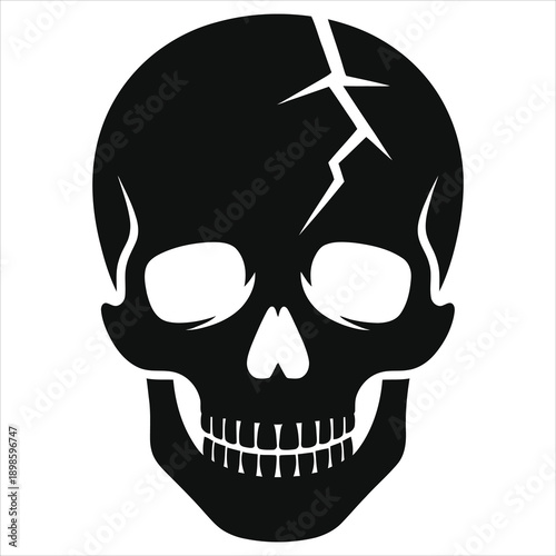 Minimal Black Skull Silhouette with Crack Line, Simple Human Cranium Vector Icon, Broken Skull Graphic Design Element, Gothic Death Symbol for Halloween, Tattoo or Rock Music Art on White Background