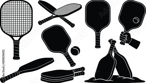 Black pickleball paddles and balls in dynamic poses