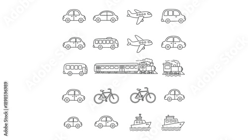 Transportation Collection: A comprehensive compilation of transportation vehicles, meticulously outlined in a neat, symmetrical arrangement. Featuring cars, buses, airplanes, trains, bikes, and boats