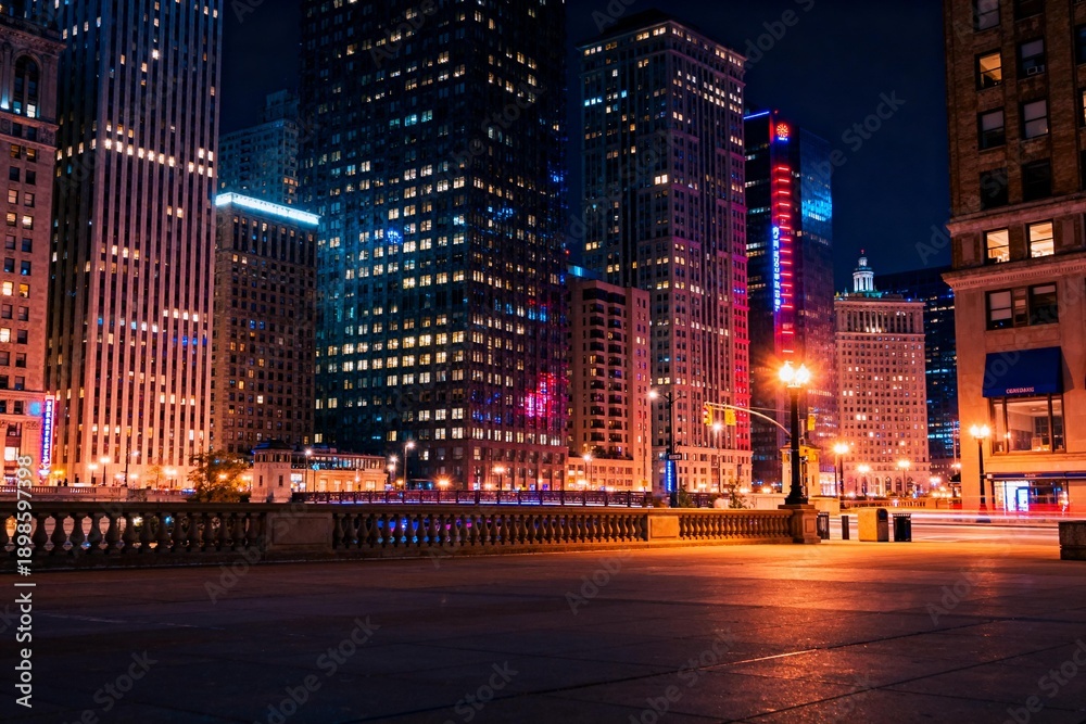 Obraz premium Nighttime Urban Skyscrapers with Illuminated Windows
