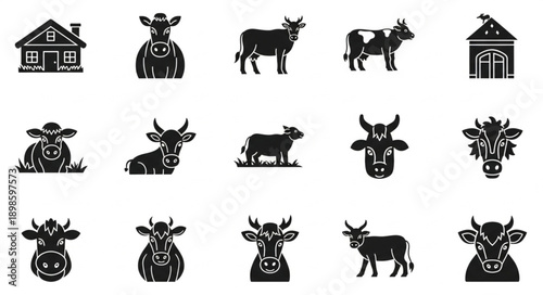 Collection of stylized cow and farm building icons.