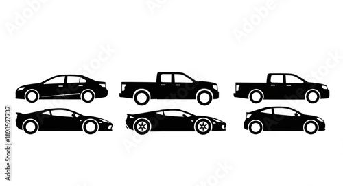 Collection of Silhouetted Vehicles Including Cars and Trucks.