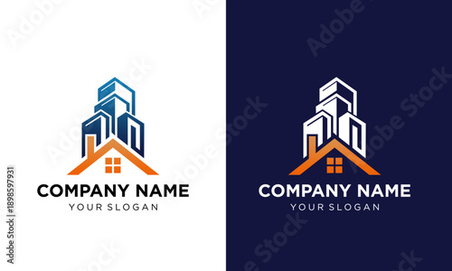 Corporate logo template design showcasing modern architecture and branding on contrasting backgrounds from a straightforward viewpoint