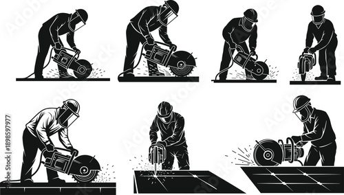 Construction worker using circular saw, cutting metal and concrete, safety gear, sparks flying, industrial job site, teamwork, protective equipment, labor