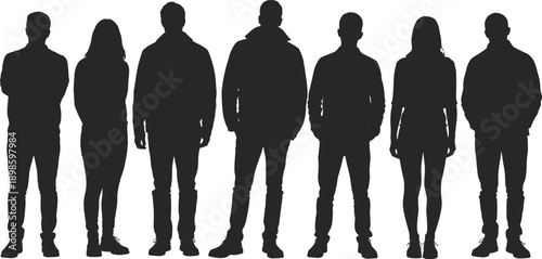Seven silhouetted individuals in varied clothing and posture standing side by side, symbolizing diversity, anonymity, unity, and minimalist group representation.