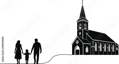 Black silhouette of a family with a child walking toward a traditional church building with a steeple on white background,