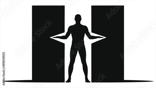 Silhouette Man Crushed Between Two Large Blocks, Pressure and Stress Concept, Business Burden, Trapped Person Dilemma, Compressed Individual, Work Life Pressure Abstract Metaphor Illustration
