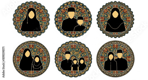 Islamic Family Portraits in Decorative Circular Frames.