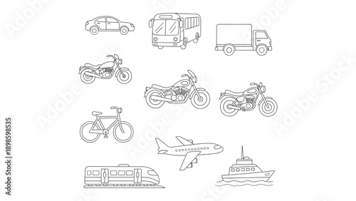 Vehicular Variety: A collection of various vehicle, from cars to airplane, each meticulously drawn, creating a comprehensive look at the means of transportation.