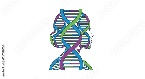 Colorful DNA Helix Inside Human Head Profile. Genetic Identity, Consciousness, Psychology, and Personalized Medicine Vector Illustration.
