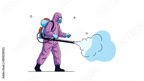 Worker in a purple hazmat suit and protective mask uses a portable sprayer to disinfect an area with a cloud of mist or steam.