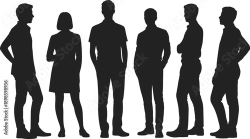 Six silhouetted adults in varied postures and attire standing in a row, symbolizing diversity, anonymity, group dynamics, and minimalist human representation.