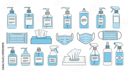 Comprehensive collection of hygiene icons features hand sanitizer bottles medical masks and tissues for health protection.
