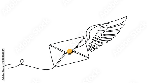 Creative continuous line drawing of a mail envelope with wings and a yellow stamp symbolizing fast delivery and message.