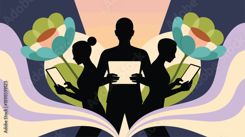 Family reading together with digital devices in harmony