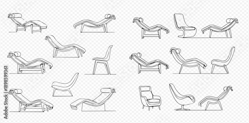 Set of hand-drawn sketches of various modern and vintage lounge chairs and chaises for relaxation and comfort.