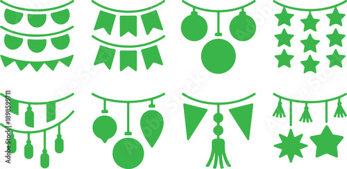 Green silhouettes of festive banners, garlands, and decorative ornaments for various celebrations