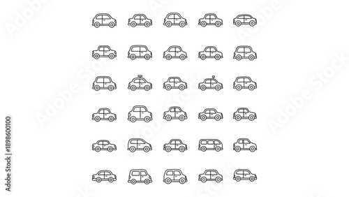 Automobile Array: A clean, uniform arrangement of various car silhouettes against a simple backdrop, emphasizing the diversity in automotive design and style.