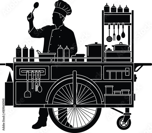 Black silhouette illustration of street food chef cooking at kitchen cart with utensils, condiments and isolated on white background for catering and business use