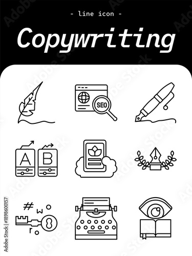 Copywriting thin line icon set. Creative content, marketing text outline icons.
