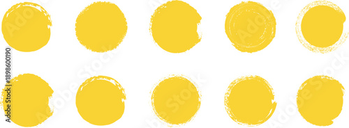 "Hand-Drawn Yellow Sun and Circular Brush Stamp Set — Grunge Watercolor, Crayon, and Rough Circle Elements Vector Collection"