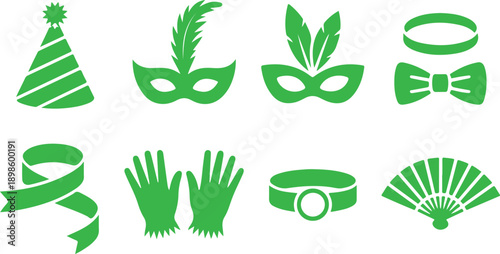 Set of green party and costume accessories icons including hats masks and elegant festive adornments