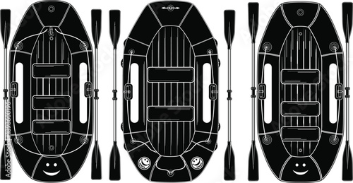 "Top view inflatable boat set with paddles, three seat designs, outdoor water sports equipment illustration for rafting, boating, and recreation"