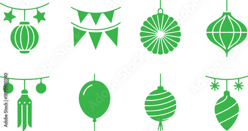 A lovely set of green holiday and party decoration icons featuring lanterns, garlands, and ornaments