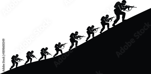 Soldiers climbing uphill silhouette illustration, military patrol advancing in formation with rifles, teamwork and strategy concept, combat mission vector graphic isolated on white background