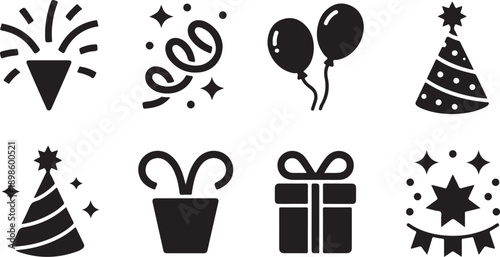 Assortment of black celebration icons featuring party poppers, balloons, hats, and wrapped presents