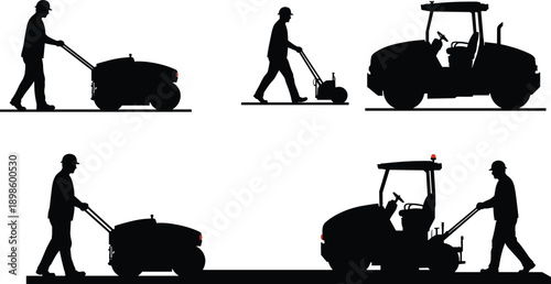 Construction workers operating compacting equipment, roadwork and ground preparation process with safety gear, heavy machinery teamwork, cad drawing flat vector illustration