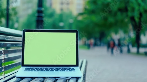 Laptop rests on wooden bench surface portable computer device situated outdoors on public seating