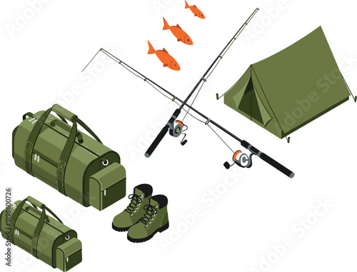 Isometric set of fishing and camping gear, green duffel bags, boots, tent, spinning rods with fish, outdoor adventure recreation equipment.