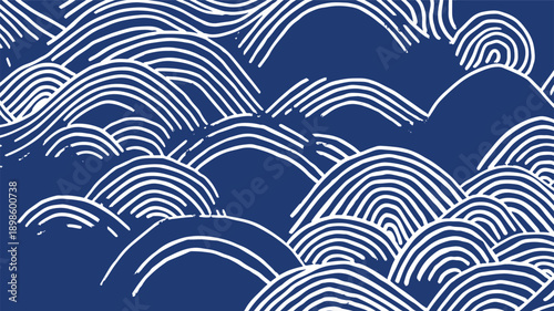 Minimalist Japanese-inspired abstract background with bold white concentric waves on a navy blue field. Hand-drawn etching and woodblock textures create a serene, rhythmic aesthetic.