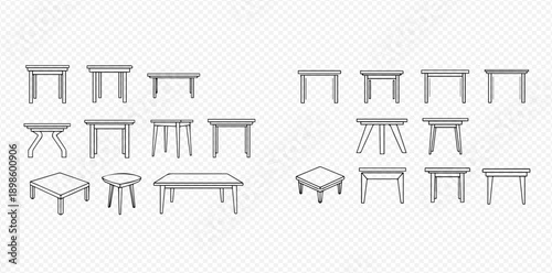 Set of various tables in line art style, including coffee tables, side tables, and dining tables, isolated on a transparent background.