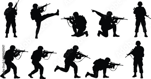 Set of soldier silhouettes in tactical poses with rifles, military vector illustration isolated on white background, security defense concept, black minimalist icons for design, presentations
