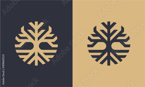 Snowflake emblems depicted in contrasting colors on divided background, showcasing symmetry and design elements in a visual representation, 1278.eps